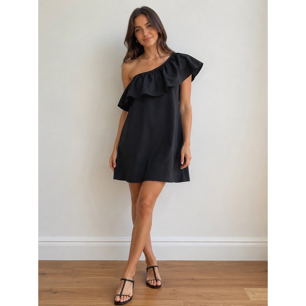 A New Day Womens Black One Shoulder Ruffle‎ Trim Cotton Dress Asymmetrical Knit